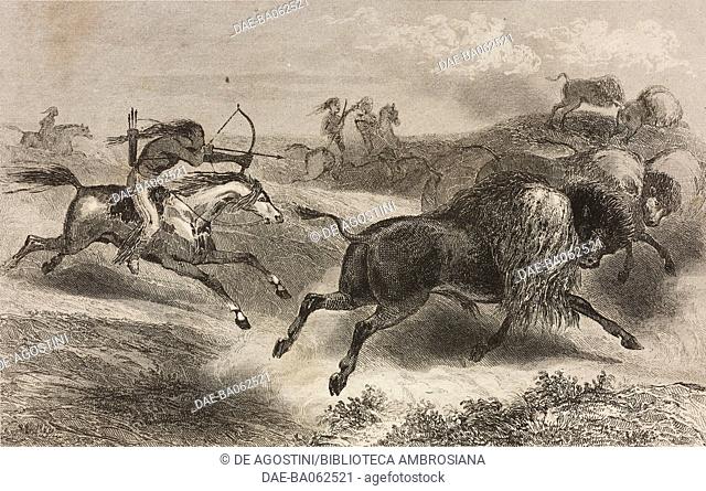 Natives on horseback hunting with bows and arrows, engraving by Lemaitre, from Histoire des Antilles, by Elias Regnault, Suite des Etats-Unis