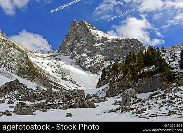 The snow-capped peak of Chateau d'Oche in the French Chablais in winter, Bernex, France