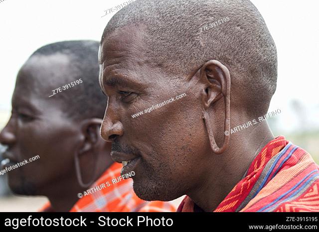 Portrait of a Masai man with stretched earlobe. Telephoto. Masai Village, Amboseli National Park, Kenya, Africa