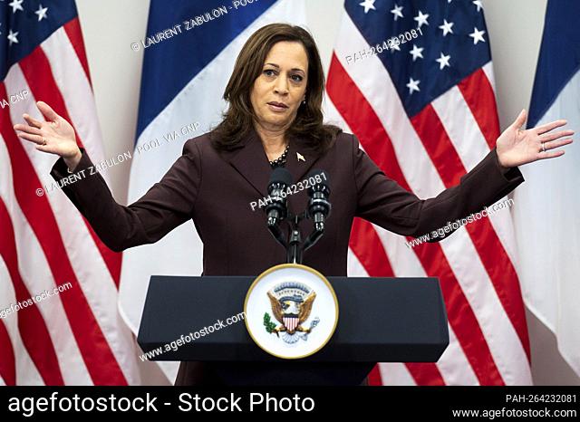 United States Vice President Kamala Harris makes remarks during a press conference at Hotel Intercontinental in Paris, France on November 12