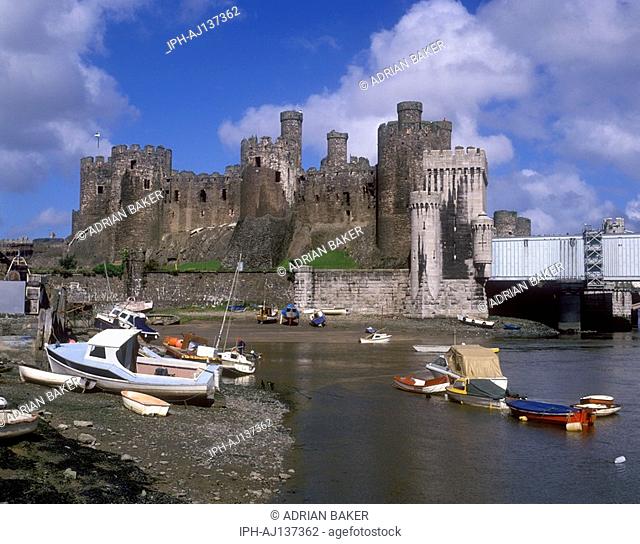 Massive Conwy Castle, built by King Edward 1st, at defensive point overlooking the Conwy Conway Estuary, on Welsh north coast