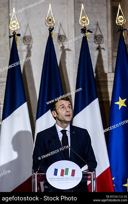 French President Emmanuel Macron during the press conference after the Signing of the Quirinal Treaty between Italy and France in Rome , ITALY-26-11-2021