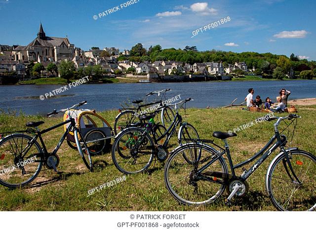CYCLISTS ON THE 'LOIRE A VELO' CYCLING ITINERARY PICNICKING IN FRONT OF THE VILLAGE OF CANDES-SAINT-MARTIN, INDRE-ET-LOIRE 37, FRANCE
