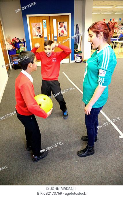 Boys with visual impairments being taught Goalball at Mysight, Nottingham