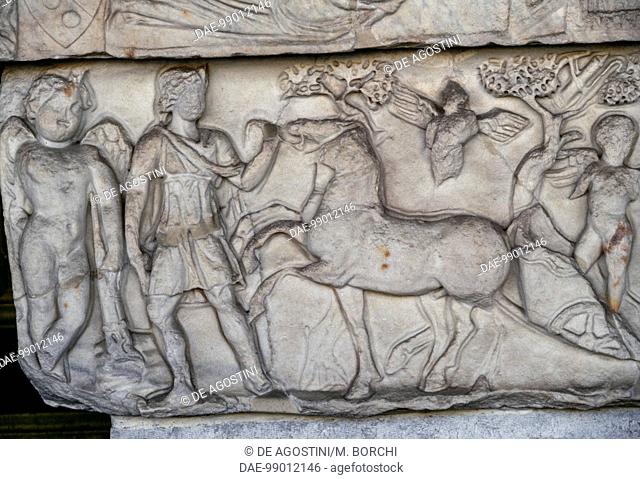 Winged figure and chariot with horses, Roman sarcophagus with reliefs depicting the myth of Selene and Endymion, Monumental Cemetery of Pisa (UNESCO World...