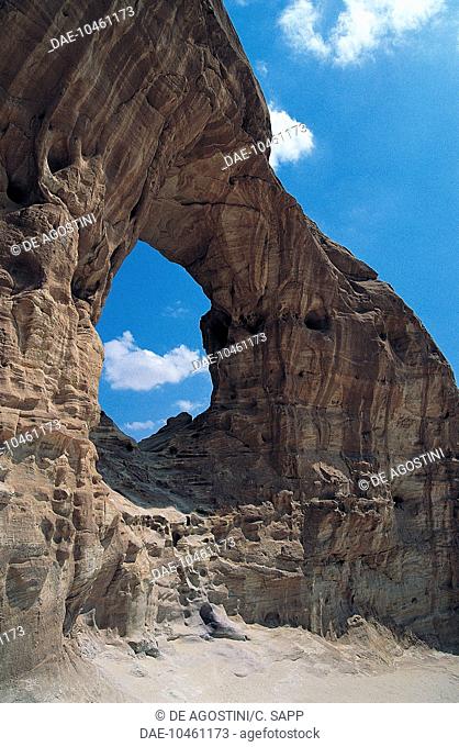 Natural arch and effects of erosion, Timna Valley, Negev Desert, Israel