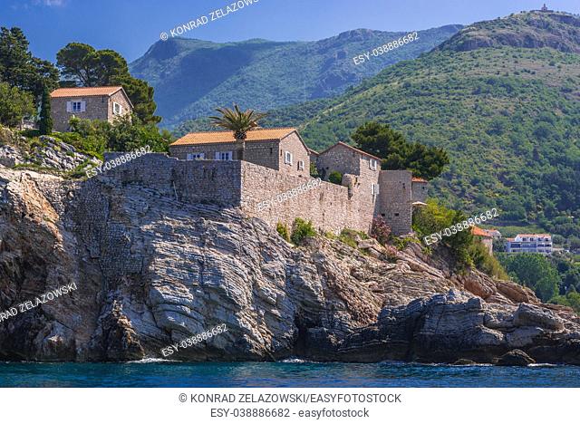 Rocky Sveti Stefan islet and five star Aman Sveti Stefan hotel resort on the Adriatic coast of Montenegro