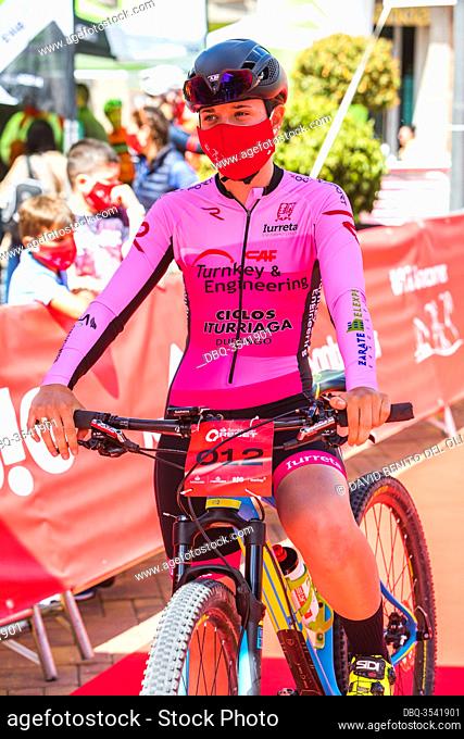 The cyclist Adriana San Román before starting the race in Madrid, Spain Jun 13, 2020. The former Tour de France winner cyclist competes in a MTB time trial in...