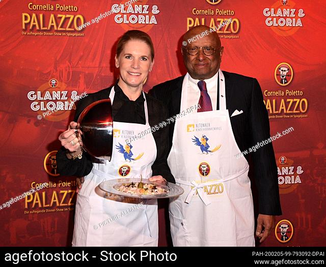 05 February 2020, Hamburg: Cornelia Poletto, cook and Ian Karan, entrepreneur, come to the charity gala ""Celebrities waitress for a good cause"" for the...
