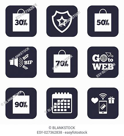 Mobile payments, wifi and calendar icons. Sale bag tag icons. Discount special offer symbols. 30%, 50%, 70% and 90% percent discount signs