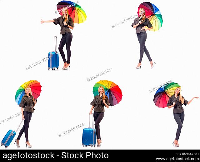 Woman with suitcase and umbrella isolated on white