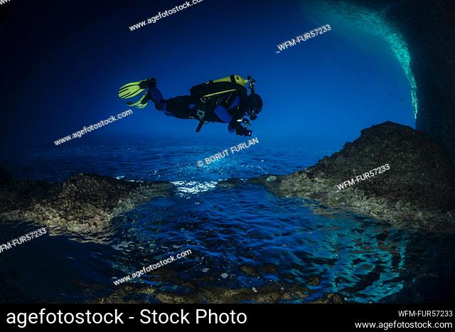 Diver in Cave, Vis, Croatia
