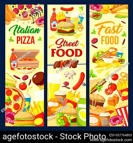 Fast food menu banners with burgers aand nuggets, pizza and hot dog. Vector fastfood restaurant Mexican and Asian cuisine BBQ meals