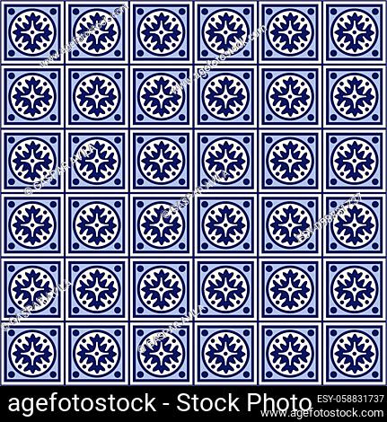 Blue tiles pattern, resembling portuguese azulejo tilework. Graphic design