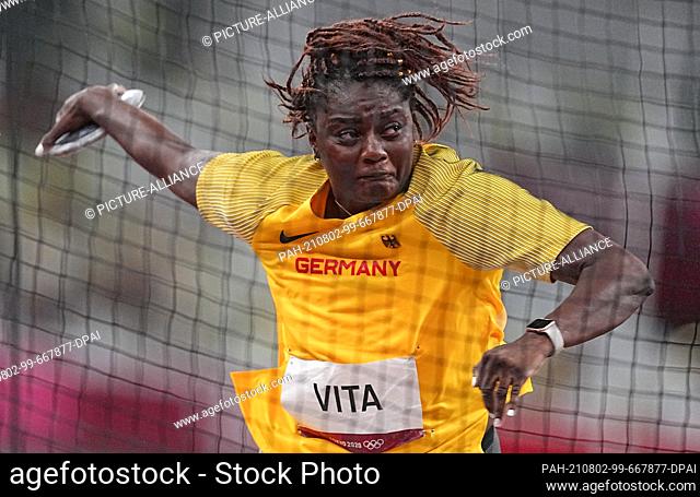 02 August 2021, Japan, Tokio: Athletics: Olympics, Discus Throw, Women, Final, at the Olympic Stadium. Claudine Vita from Germany in action