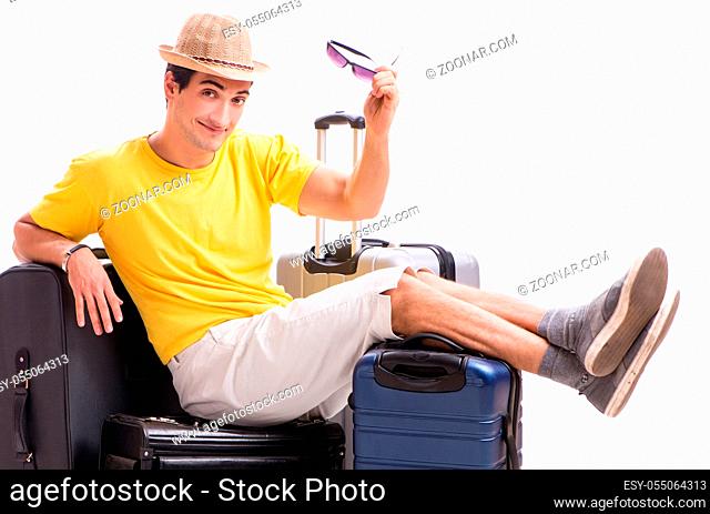 The happy young man going on summer vacation isolated on white