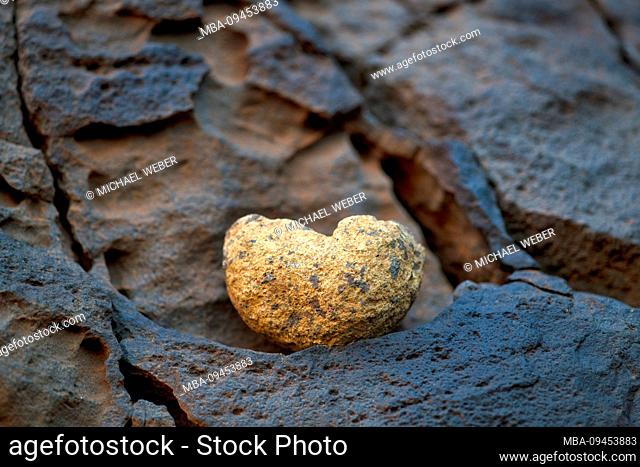 Heart-shaped stone deposit on rock face, Ribeira de janela, also Ribeira da janela, Porto Moniz, Madeira Island, Portugal