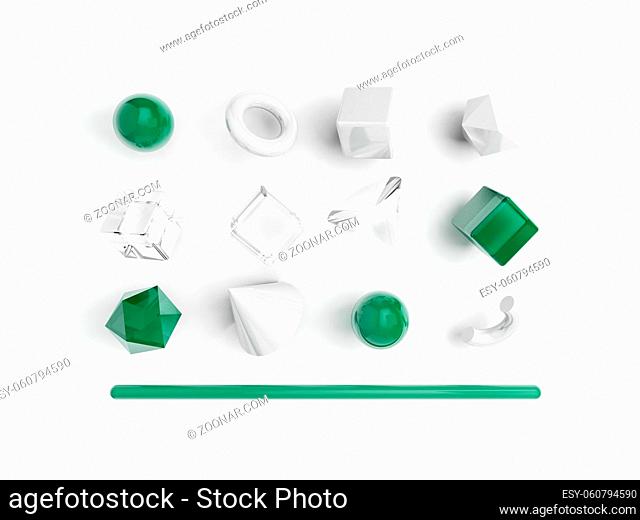 Set of 3d render realistic primitives on white background. Green and white colors. Abstract trendy background