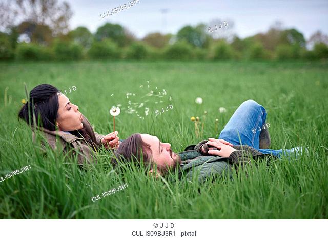 Man and woman lying in field blowing dandelion clock