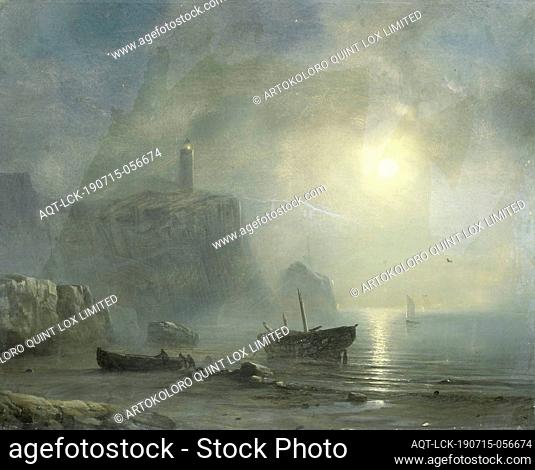 View of a Rocky Coast by Moonlight, View of a rocky coast by moonlight. On the rocks of the coast is a lighthouse on the left