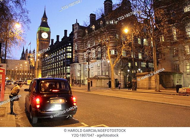 Big Ben and taxi at dusk UK, England, London