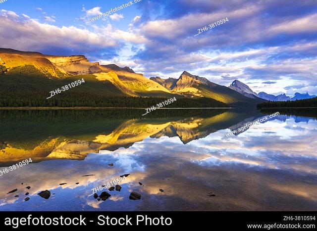 Evening light on Maligne Lake and Sampson Peak, Jasper National Park, Alberta Canada