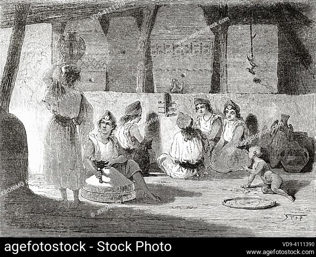 Women working grinding wheat with millstones, Kabylia. Northern Algeria, Africa. Excursion in Great Kabylia by Commander Emile Duhousset 1864 from Le Tour du...