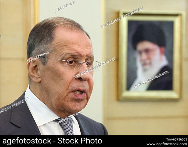 RUSSIA, TEHRAN - OCTOBER 23, 2023: Russia's Foreign Minister Sergei Lavrov talks to journalists after a ministerial meeting of the 3+3 South Caucasus regional...
