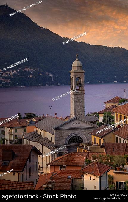 Sunrise over Lake Como and waterfront village, Italy