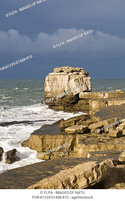 Upright rock on rugged coastline, with approaching rainstorm at Pulpit Rock, Portland Bill, near Weymouth, Dorset, England
