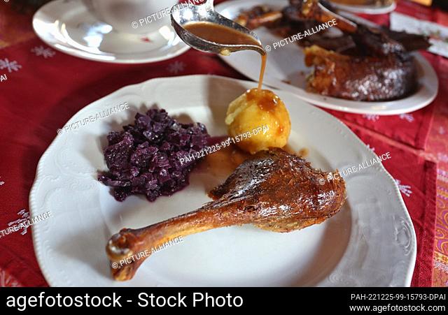 24 December 2022, Bavaria, Kaufbeuren: Parts of a roasted Christmas goose, red cabbage and a dumpling, lie on a plate. Photo: Karl-Josef Hildenbrand/dpa