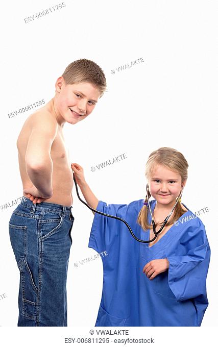 two children are playing doctor with stethoscope