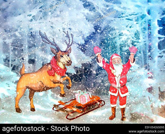 Christmas motifs: in a snowy forest with Santa Claus, next to the deer and sleigh with gifts
