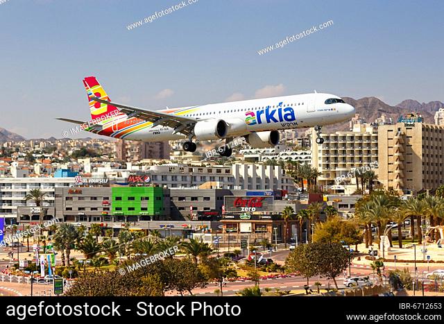 An Arkia Airbus A321neo with the registration number 4X-AGK lands at Eilat Airport, Israel, Asia