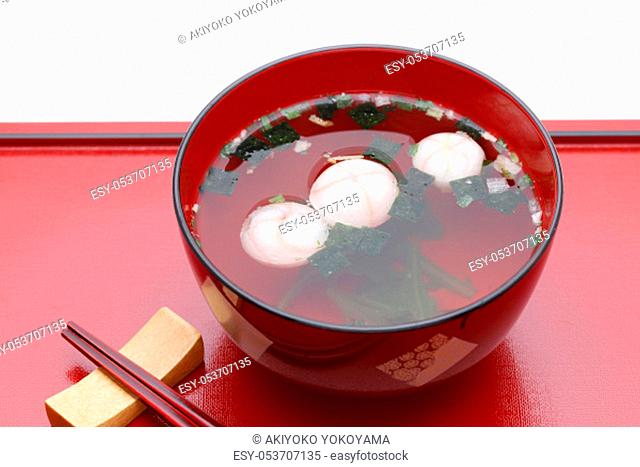 Japanese food, Osuimono soup of fu and vegetables in a bowl