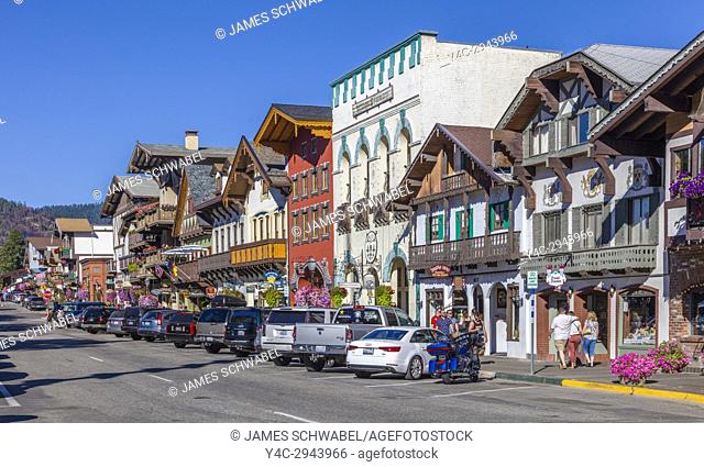 Front Street in Leavenworth a Bavarian-styled village in the Cascade Mountains in central Washington State in Chelan County, Washington, United States