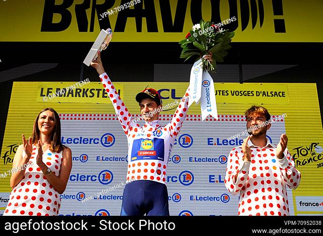 Italian Giulio Ciccone of Lidl-Trek celebrates on the podium in the red polka-dot jersey for best climber after stage 20 of the Tour de France cycling race from...