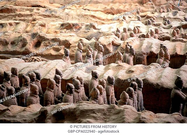 China: Warriors from the terracotta army guarding the tomb of Qin Shi Huang, first emperor of a unified China (r. 246-221 BCE), near Xi'an, Shaanxi Province