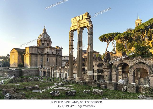 Early morning, looking across The Roman, Forum of Caeser, an extension of the Forum Romanum, with the temple of Venus Genetrix in the foreground, Rome, Italy