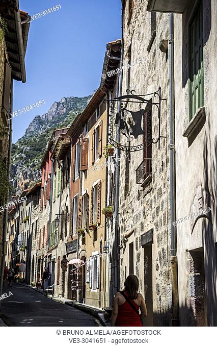 Medieval street in Villefranche-de-Conflent (department of Pyrénées-Orientales, region of Occitanie, France)