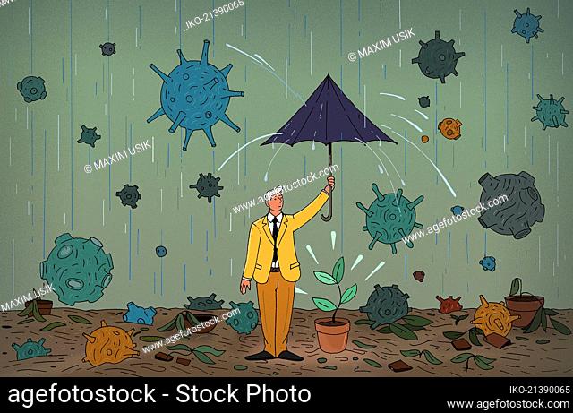 Businessman trying to protect last seedling from coronavirus rain storm