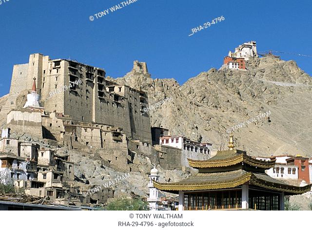 Leh palace above main town, with Tsemo Gompa on ridge behind, Leh, Ladakh, India, Asia