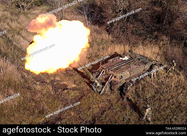 NOVEMBER 27, 2023: A 2S4 Tyulpan 240mm self-propelled mortar of the Zapad group of forces is engaged in the Kupyansk direction of a special military operation