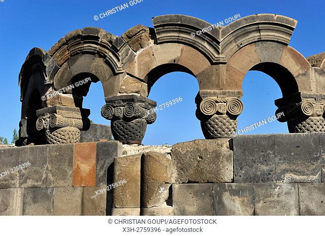 rebuilt sections of the ruins of Zvarnots Cathedral, located near the city of Vagharshapat (commonly known as Ejmiatsin), UNESCO World Heritage Site