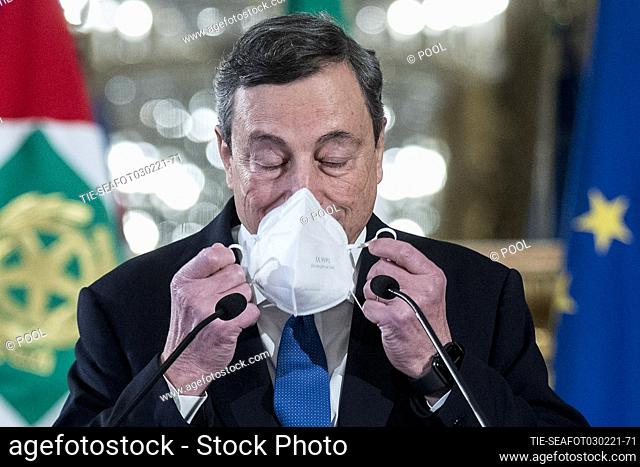 Former president of the European Central Bank (ECB) Mario Draghi delivering a speech after a meeting with the Italian President Sergio Mattarella at the...