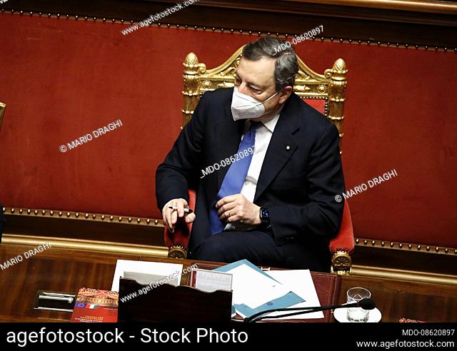Italian Prime Minister Mario Draghi during the communications to the Senate in view of the European Council. Rome (Italy), March 24th, 2021