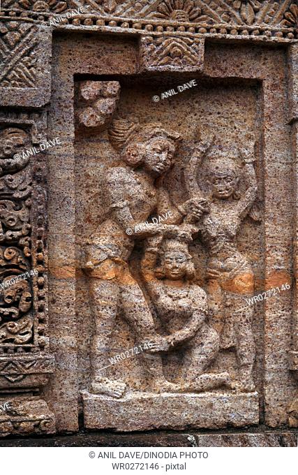 Statues carved on wall in heritage Buddhist excavated site , Udayagiri , Orissa , India