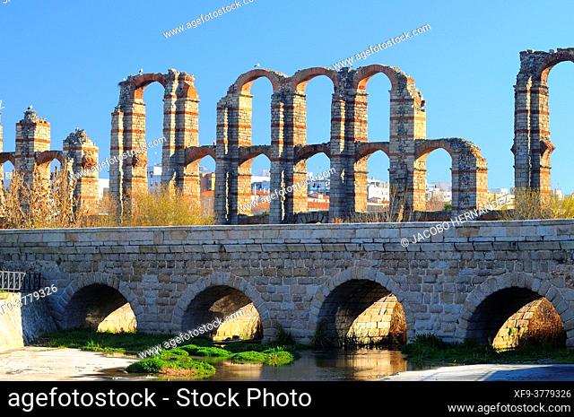 Los Milagros roman aqueduct and roman bridge over the Albarregas river. Mérida. Badajoz province. Extremadura. Spain