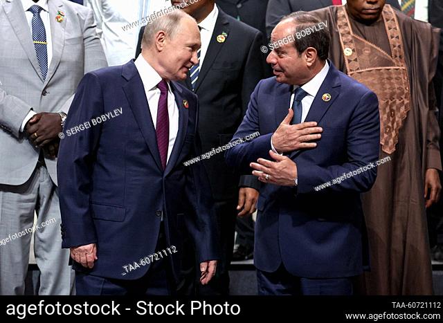 RUSSIA, ST PETERSBURG - JULY 28, 2023: Russia's President Vladimir Putin (L) and his Egyptian counterpart Abdel Fattah el-Sisi pose for a group photograph wiith...