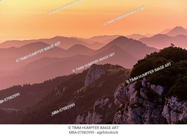Germany, Bavaria, Bavarian foothills, Lenggries, colorful sunrise on the Benediktenwand (mountain)